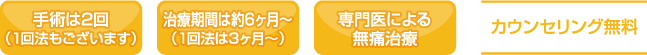 ・手術は2回（1回法もございます）　・治療期間は約6ヶ月～（1回法は3ヶ月～）　・専門医による無痛治療　・カウンセリング無料