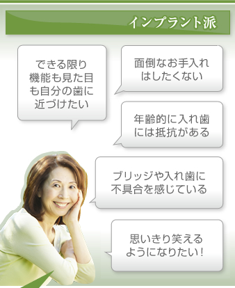 【インプラント派】「できる限り機能も見た目も自分の歯に近づけたい」「面倒なお手入れはしたくない」「年齢的に入れ歯には抵抗がある」「ブリッジや入れ歯に不具合を感じている」「思いきり笑えるようになりたい！」